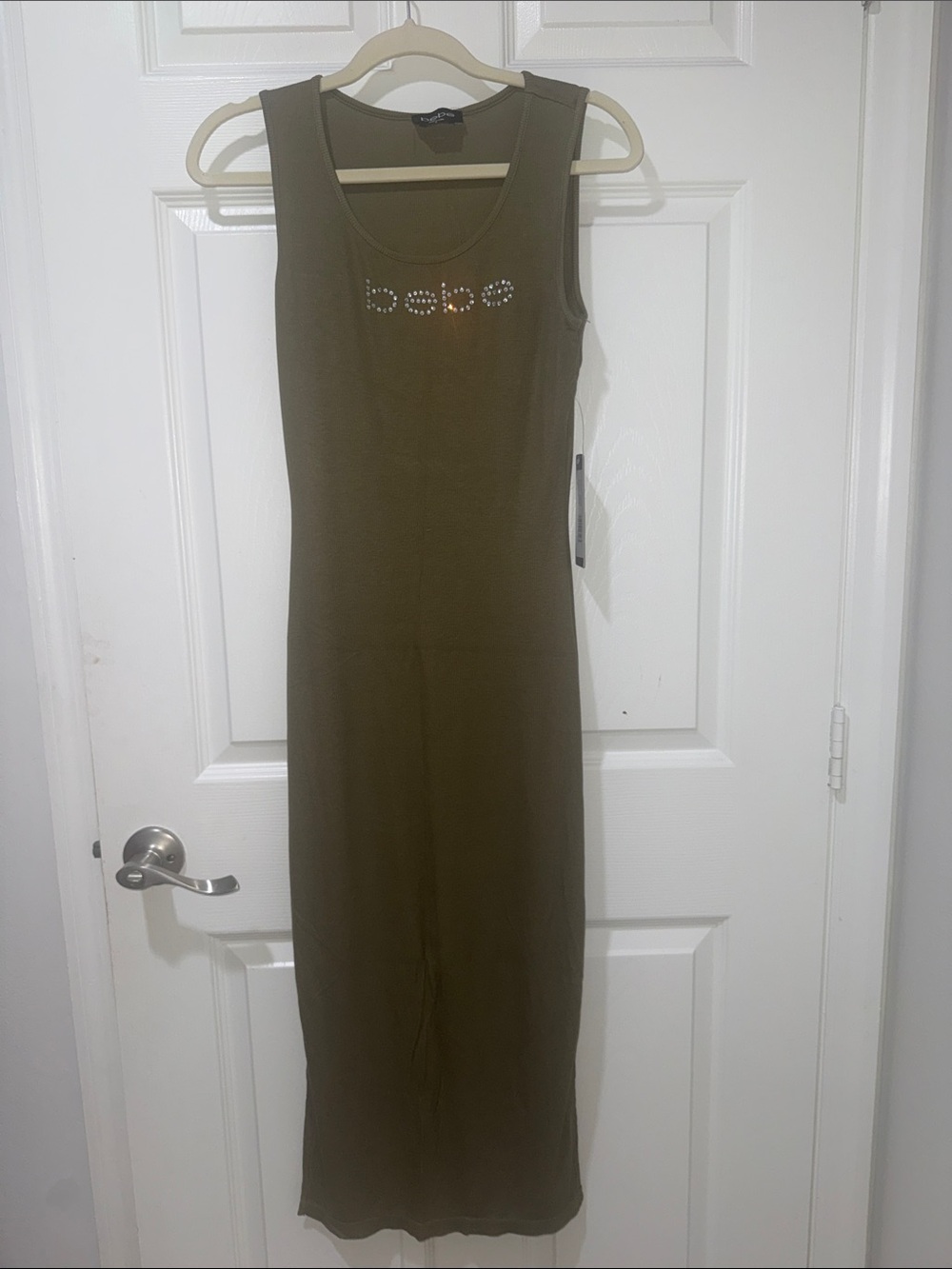 bebe Olive Ribbed Tank Maxi Dress with Crystal Logo